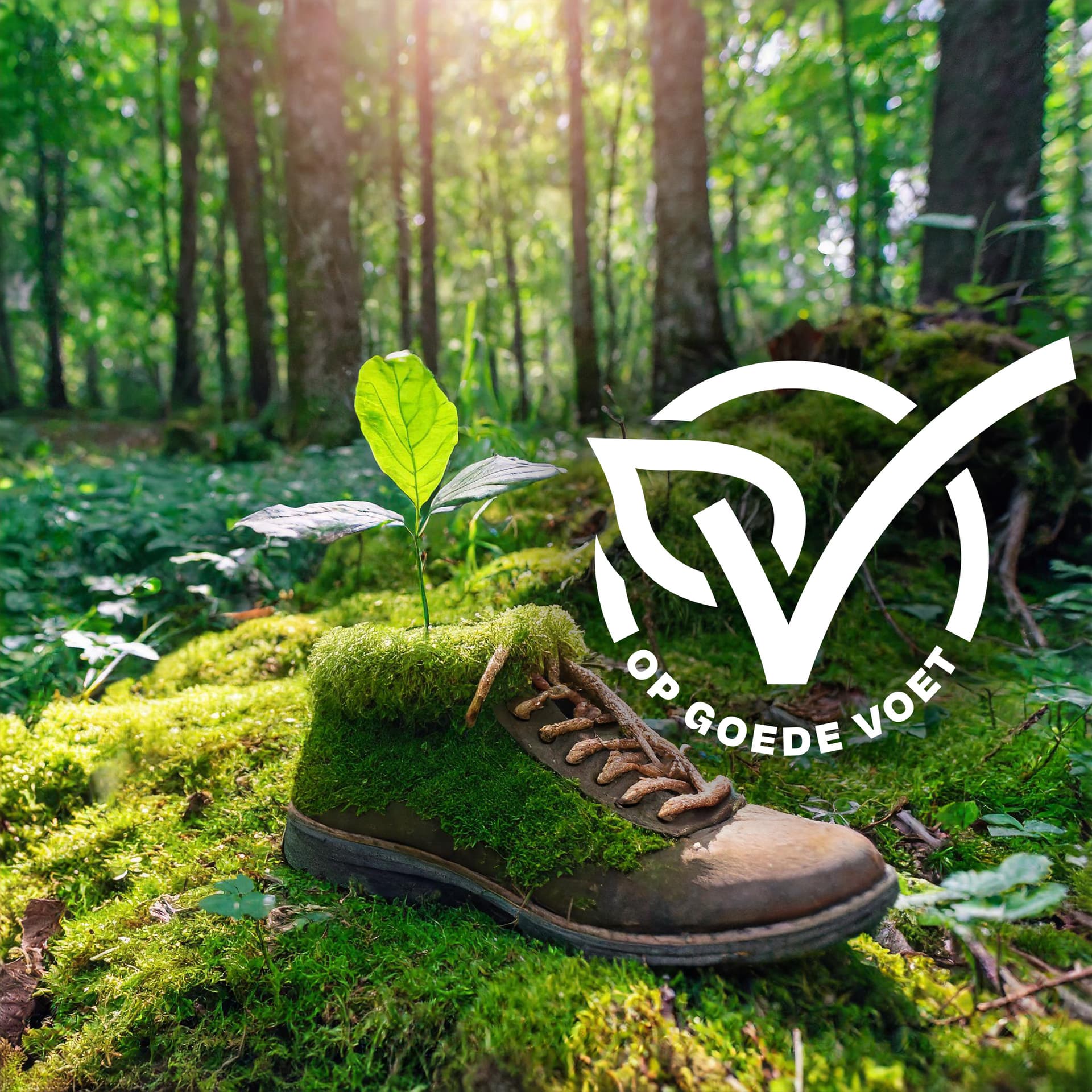 Firefly Een Groen Bos Met Een Ondergrond Van Mos. Een Wandelschoen Waar Een Plantje Uit Groeit